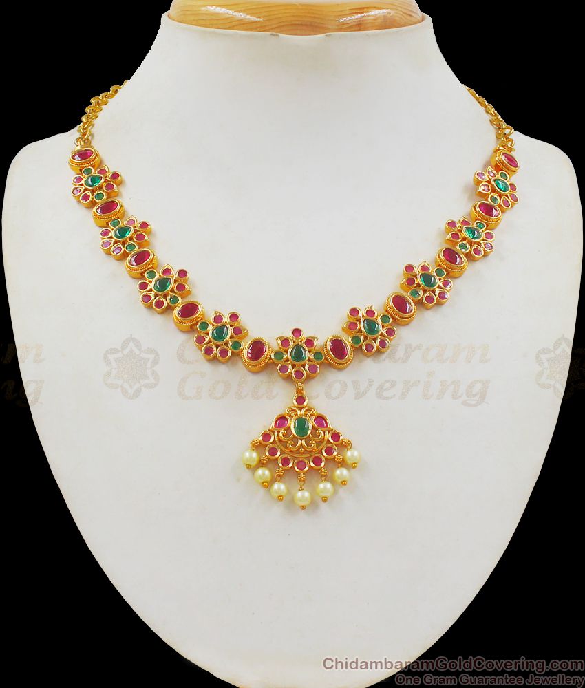 Stunning Kemp And Pearl Gold Necklace For Function Wear NCKN2266