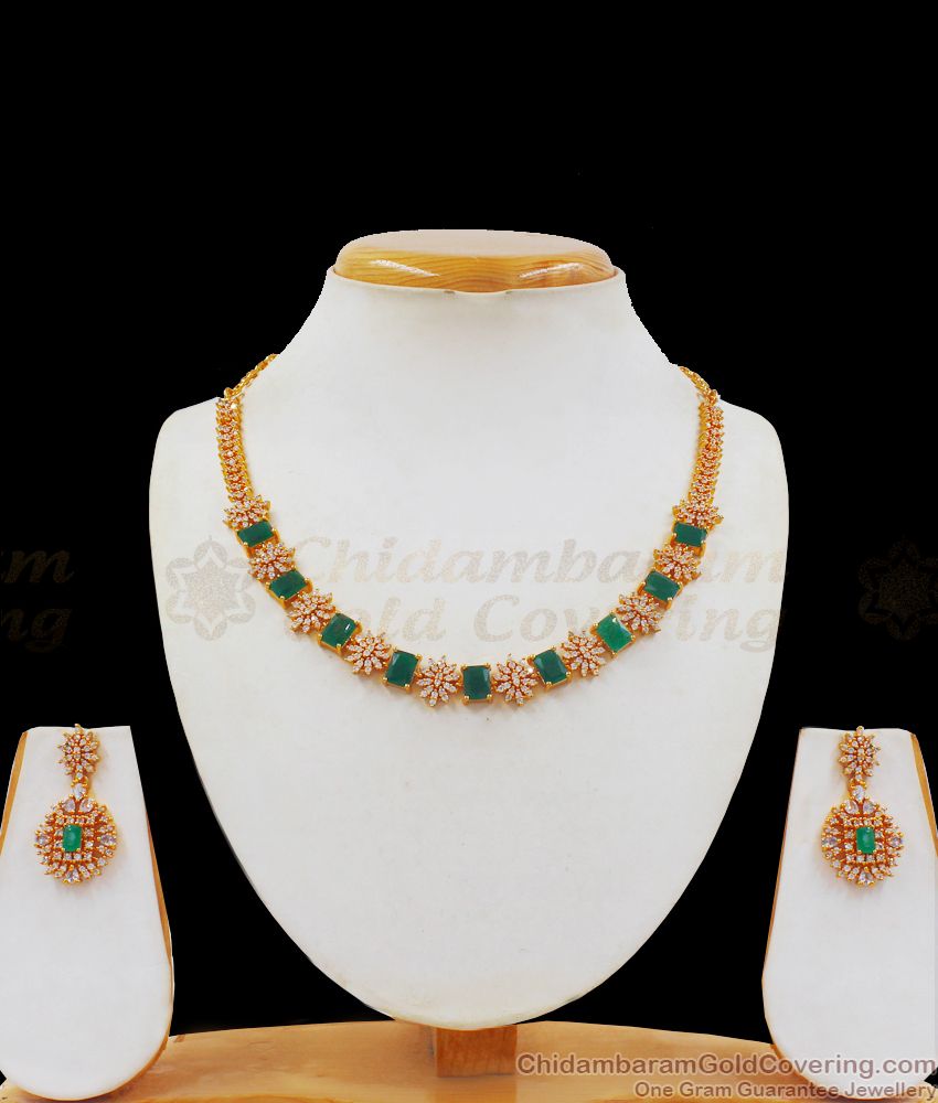 Kerala Design Emerald White Stone Gold Necklace NCKN2277