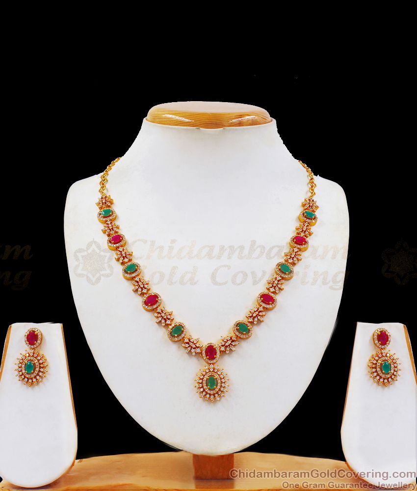 Fancy Design Multi Stone Gold Necklace With Earrings Set NCKN2280