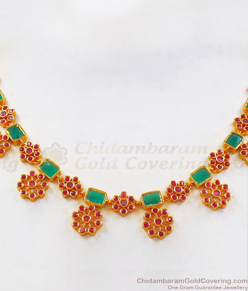 Flower Design Ruby Emerald Stone Gold Necklace Combo NCKN2281