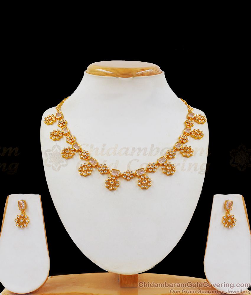 Dazzling White Stone Gold Necklace With Earrings Set NCKN2284