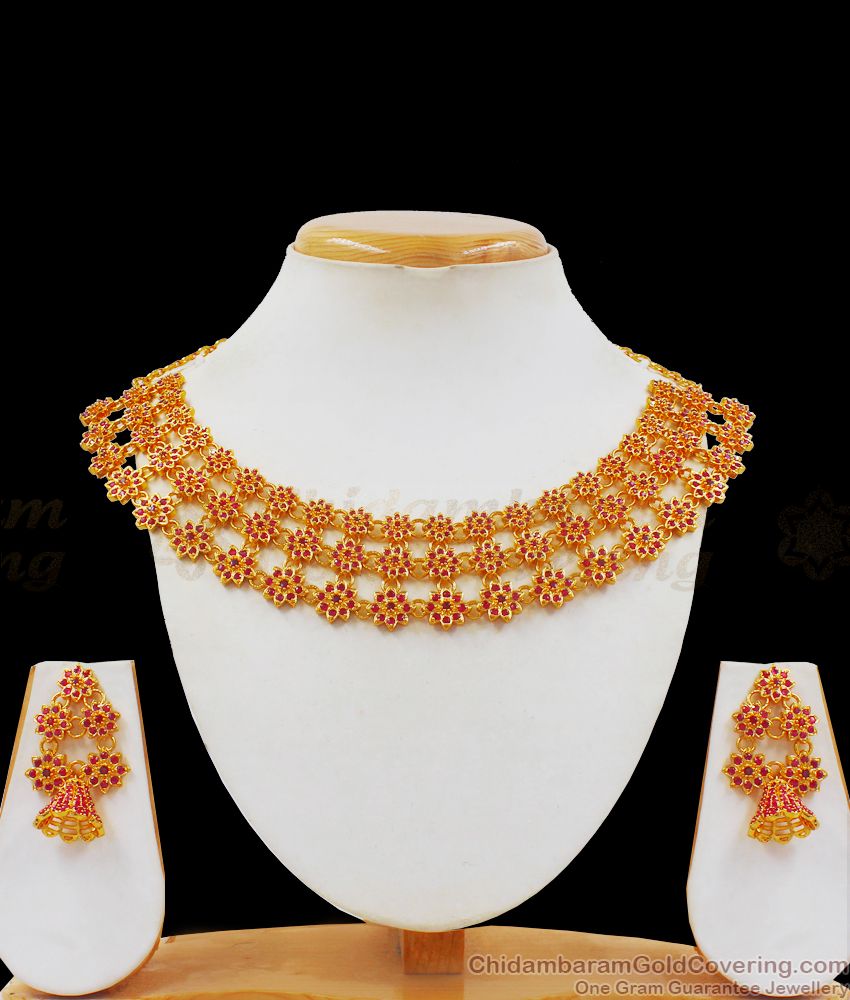 Grand Bridal Wear Ruby Stone Gold Necklace Combo NCKN2285