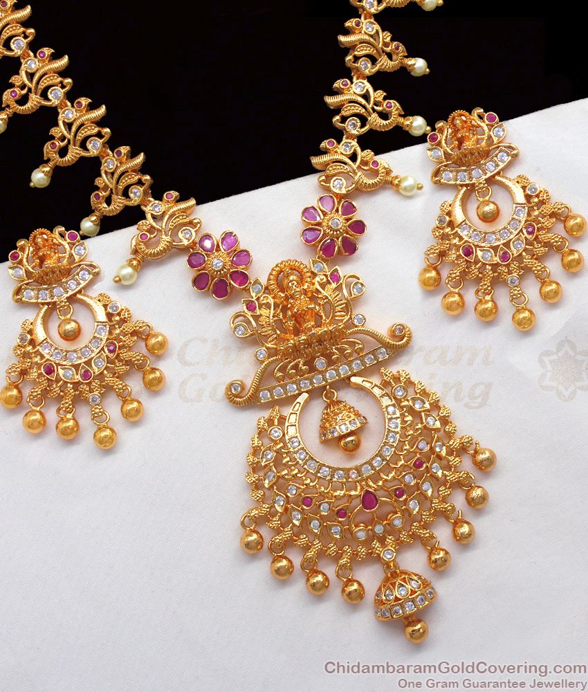 Traditional Lakshmi Design Ruby White Stone Gold Necklace NCKN2313