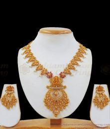Traditional Lakshmi Design Ruby White Stone Gold Necklace NCKN2313