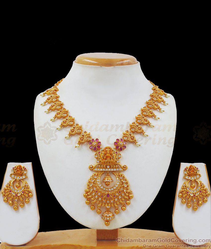 Traditional Lakshmi Design Ruby White Stone Gold Necklace NCKN2313