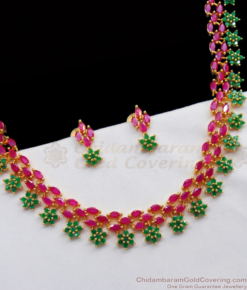 MultiStone Flower Design Gold Ruby Emerald Necklace Shop Online NCKN2316