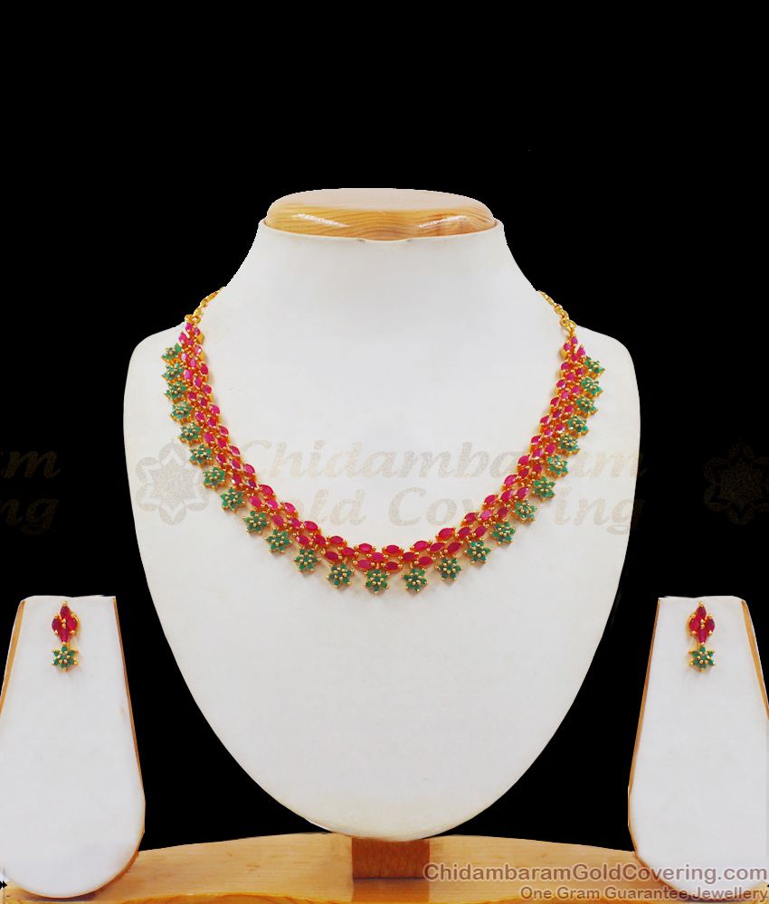 MultiStone Flower Design Gold Ruby Emerald Necklace Shop Online NCKN2316