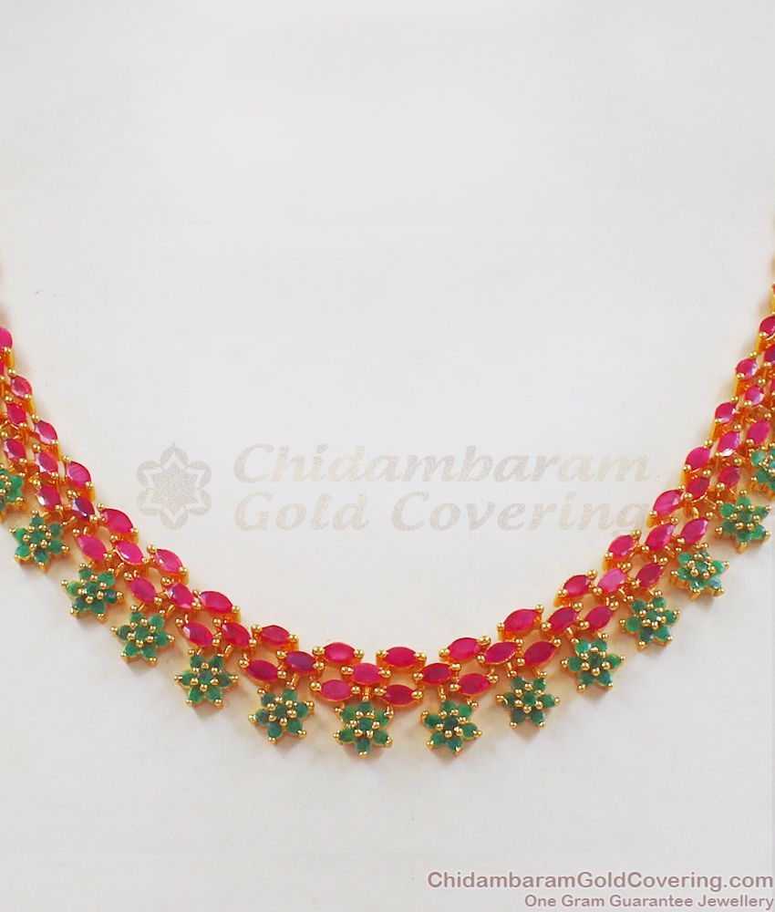 MultiStone Flower Design Gold Ruby Emerald Necklace Shop Online NCKN2316