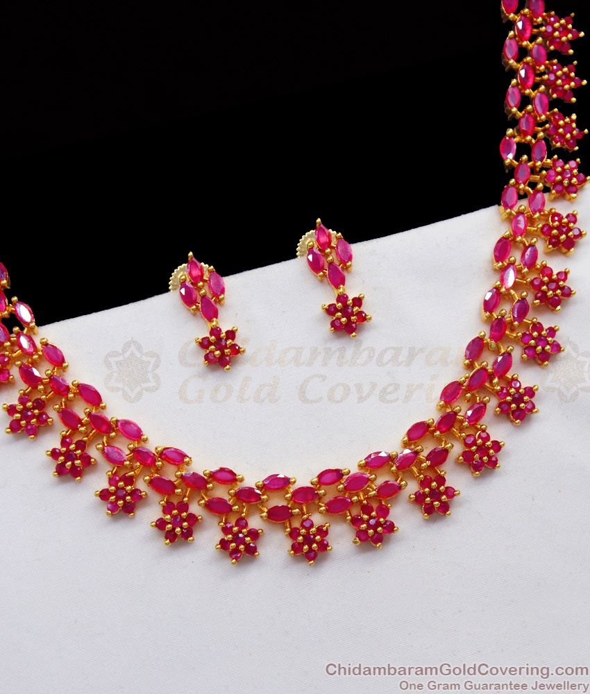 Fully Ruby Stone Party Wear Gold Necklace Earrings Combo NCKN2317