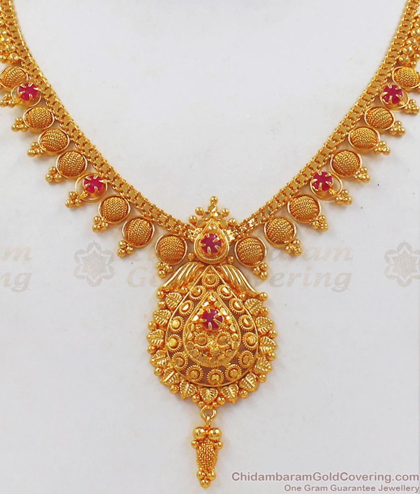 New Model One Gram Gold Necklace With Ruby Stone NCKN2325