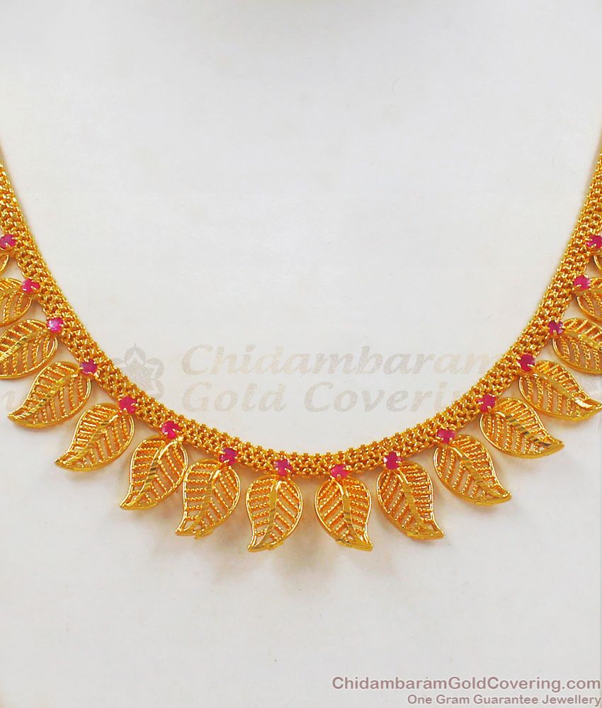One Gram Gold Leaf Pattern Ruby Stone Necklace Designs NCKN2336