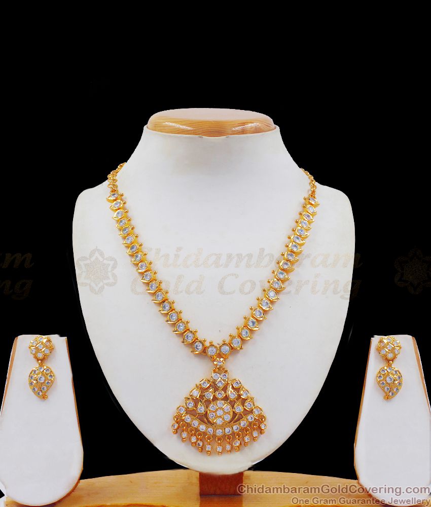 Impon Big Dollar Gold Necklace With White Stone Attigai With Earrings NCKN2342