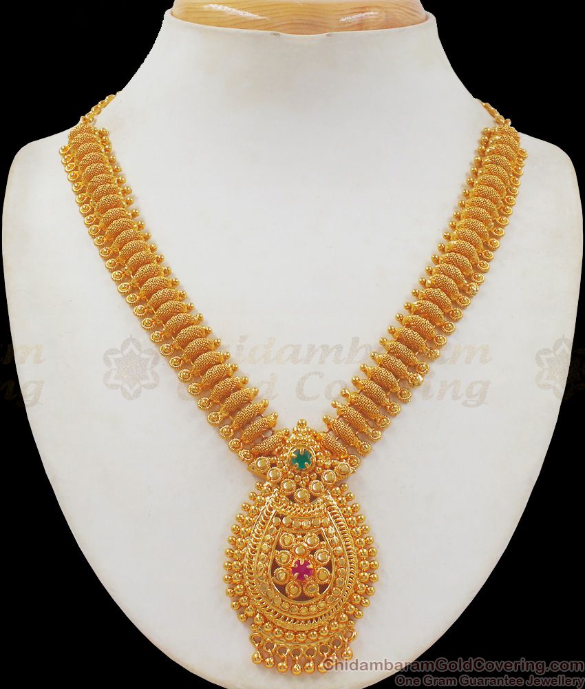 Thick Kerala Design Red Green AD Stone Gold Necklace Shop Online NCKN2352