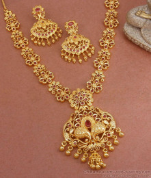 Heavy Gold Tone Necklace Peacock Design Ruby Stone Earring Combo Set NCKN2359 Heavy Gold Tone Necklace Peacock Design Ruby Stone Earring Combo Set NCKN2359