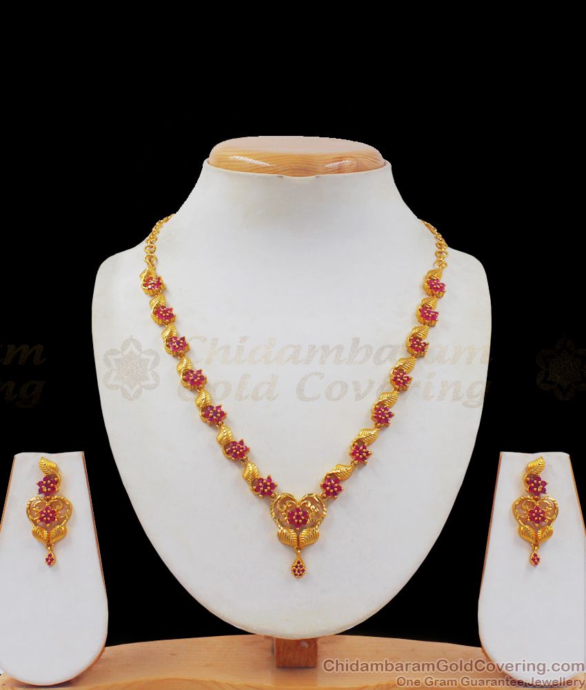 Ruby Stone Flower Pattern Gold Necklace Earrings Combo NCKN2360