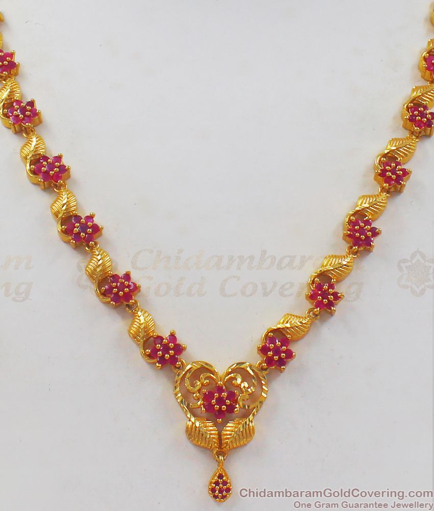 Ruby Stone Flower Pattern Gold Necklace Earrings Combo NCKN2360