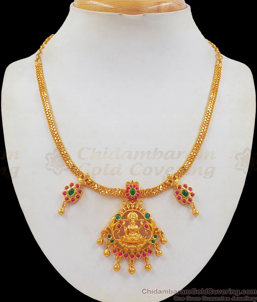 Simple Lakshmi Dollar Multi Stone Gold Necklace NCKN2369