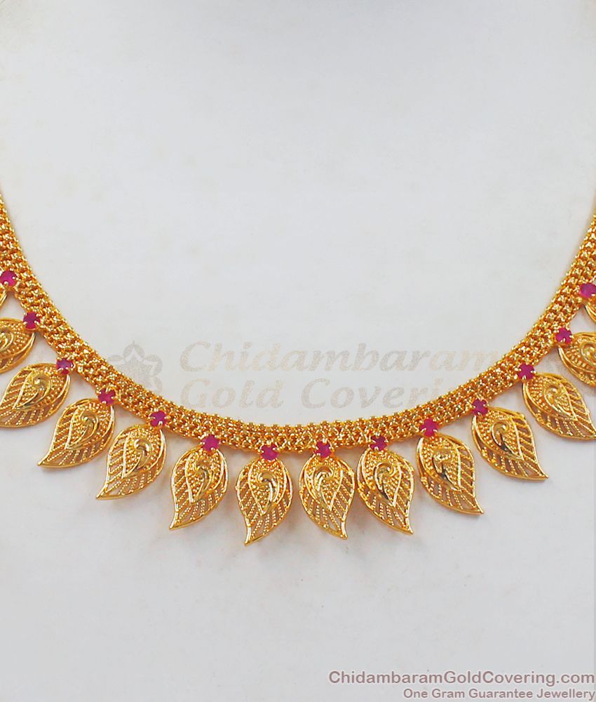 Artistic One Gram Gold Necklace leaf Design Ruby Stone NCKN2381