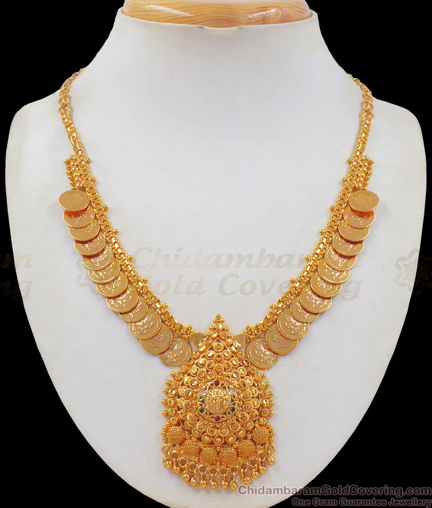 CZ Multi Stone Lakshmi Dollar One Gram Gold Kasumalai Necklace NCKN2383