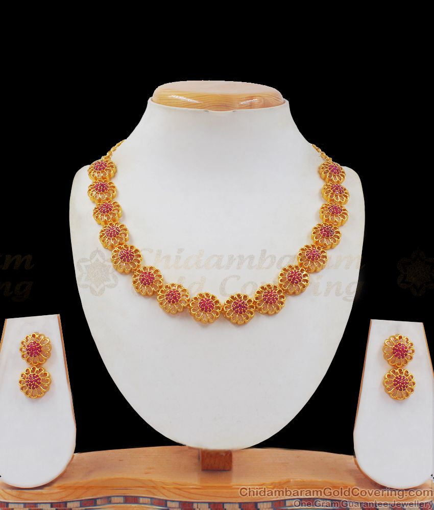 One Gram Gold Flower Design Ruby Stone Necklace Earring Combo NCKN2404