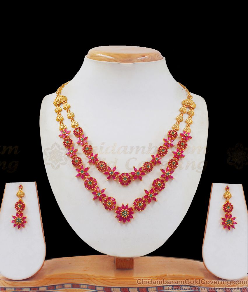 Double Layer Ruby Green Stone Gold Necklace Earrings Combo Bridal Set NCKN2406