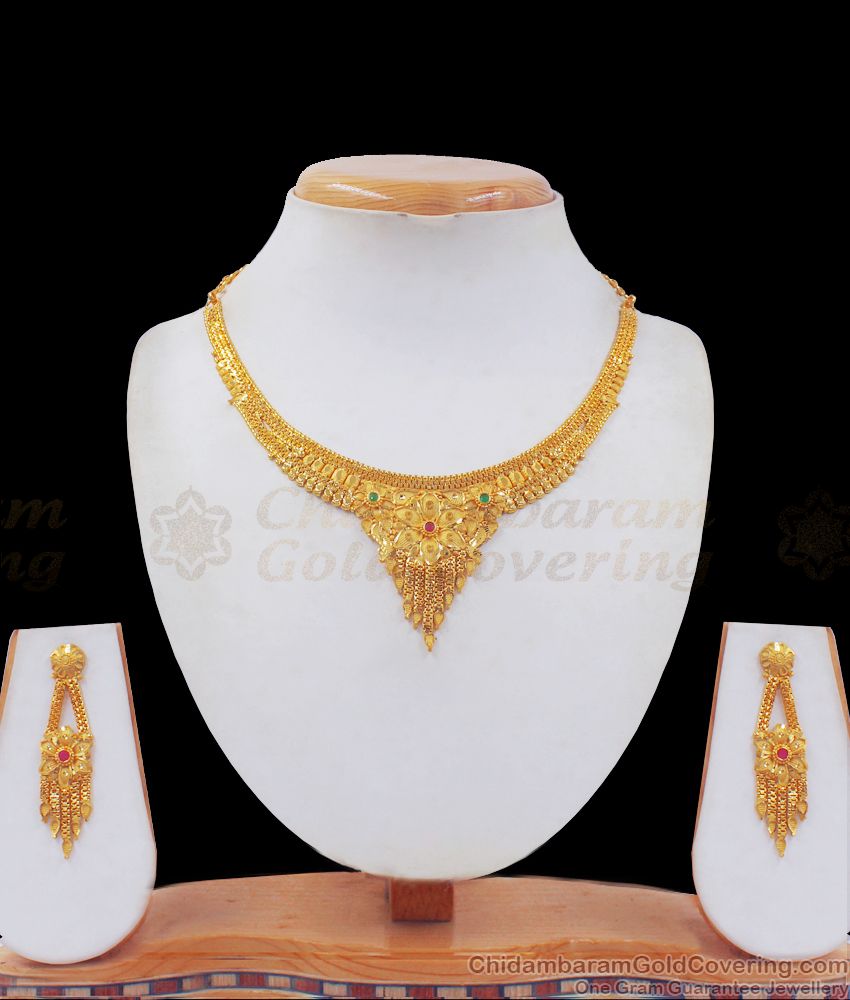 Bridal Wear Forming Two Gram Gold Necklace Earring Combo NCKN2409