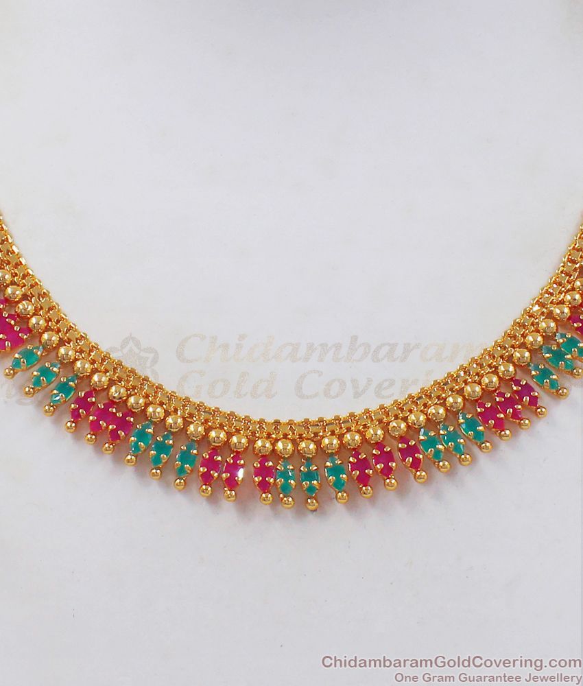 Full Ruby Green Stone Mullai Design Gold Necklace NCKN2415