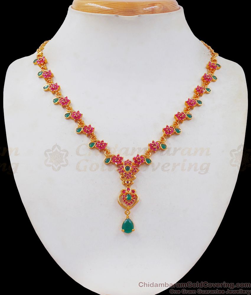 Semi Precious Ruby Emerald Green Red Stone Gold Necklace NCKN2425