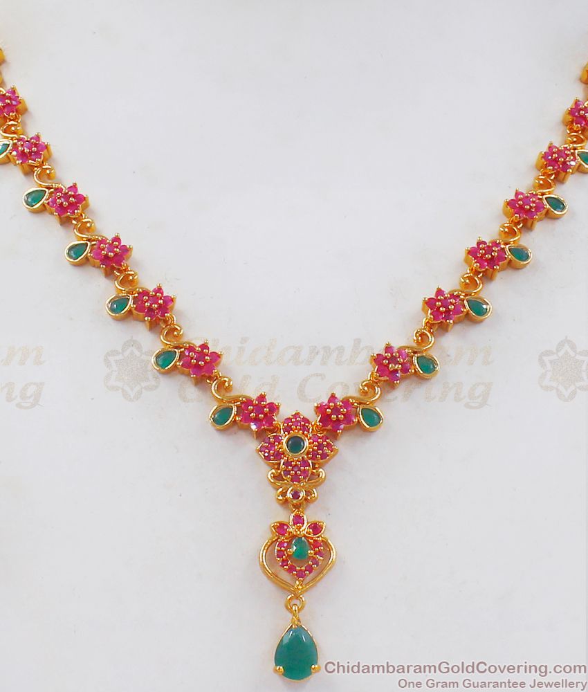 Semi Precious Ruby Emerald Green Red Stone Gold Necklace NCKN2425