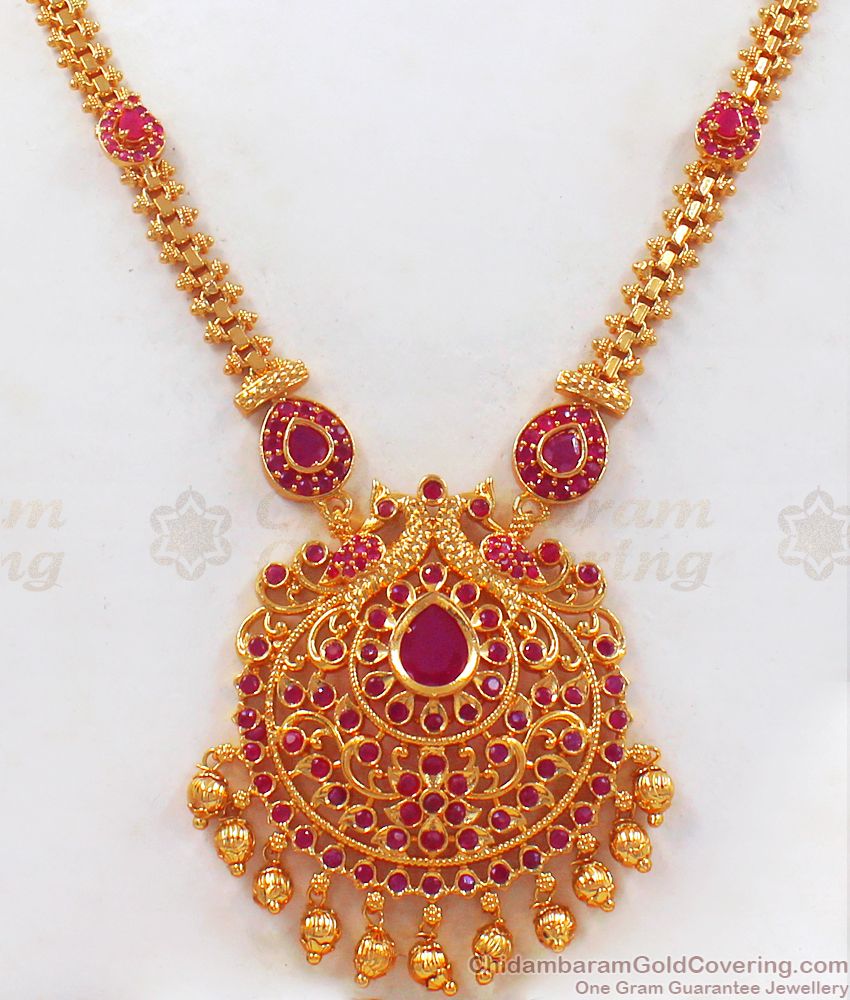 Grand Gold Plated Full Ruby Stone Necklace Bridal Wear NCKN2429