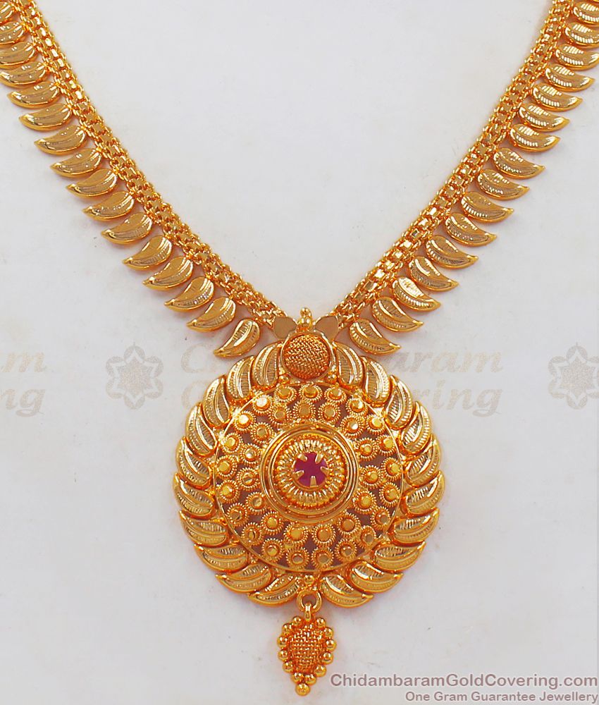 Trendy Leaf Pattern Gold Necklace Ruby Stone NCKN2431 