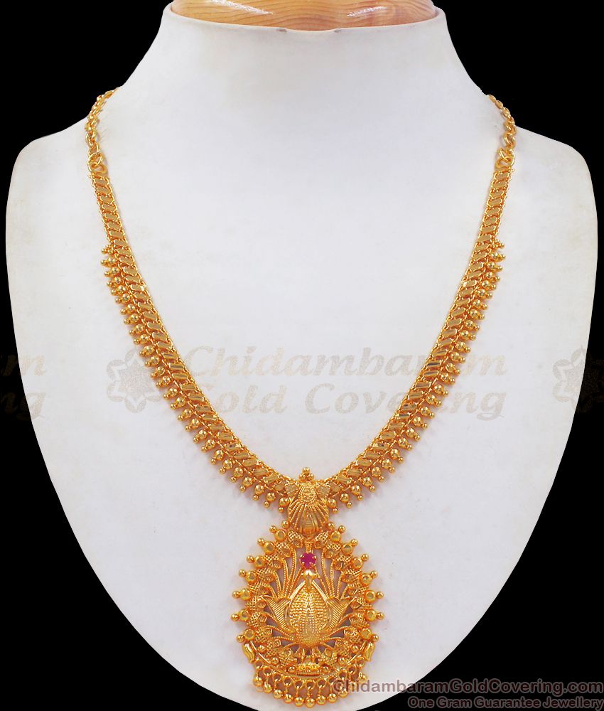 3DPeacock Design Gold Beaded Necklace Ruby Stone NCKN2436