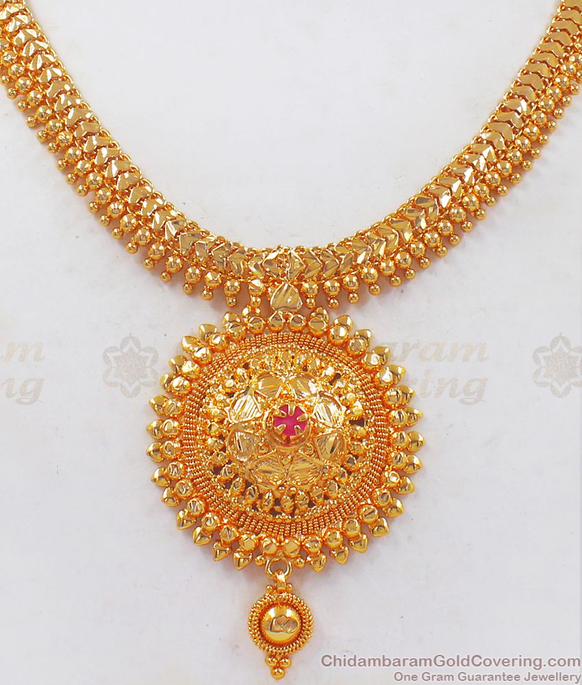 Latest Flower Design Gold Beaded Necklace Ruby Stone NCKN2439