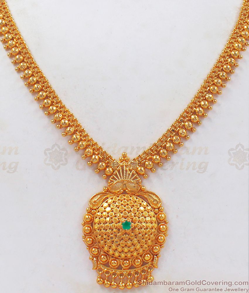 One Gram Gold Small Dollar Emerald Stone Necklace NCKN2442