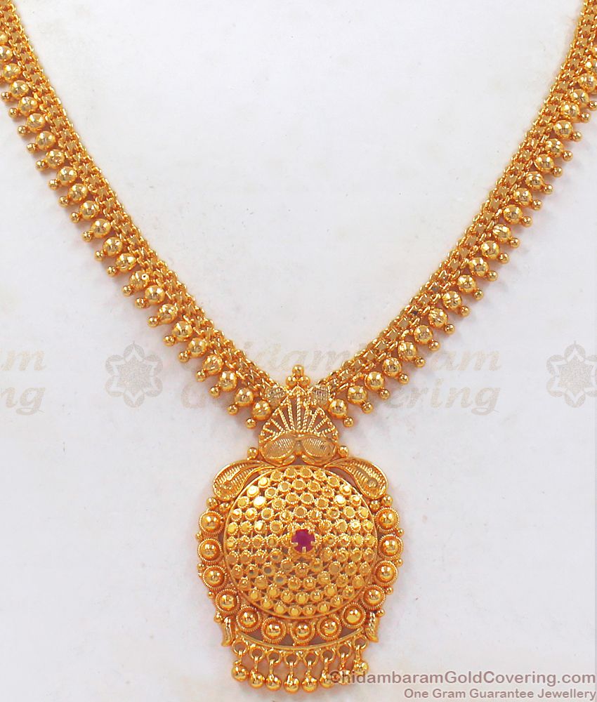 Sparkling Gold Beaded Necklace Ruby Stone Bridal Wear NCKN2443