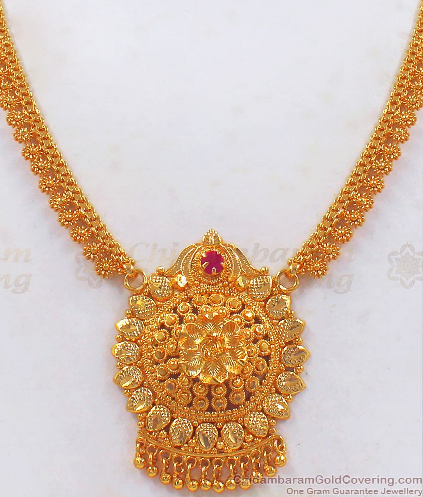 Trendy Flower Pattern Gold Necklace Ruby Stone NCKN2462