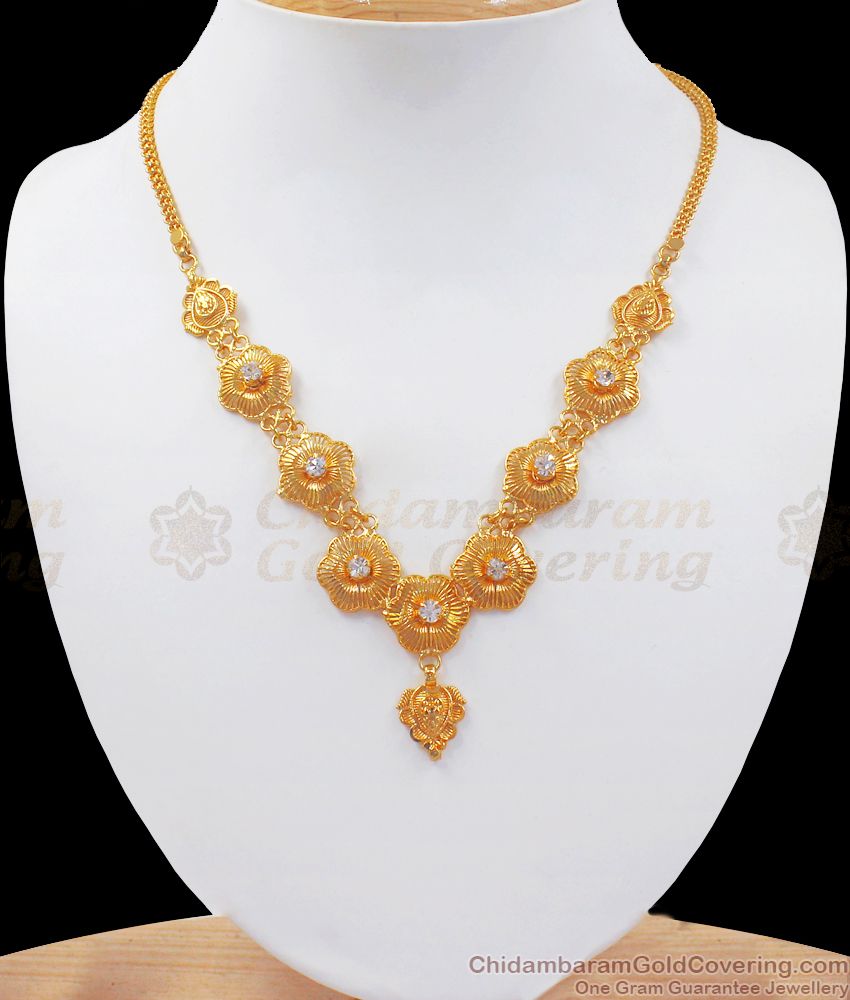 Unique Party Wear White Stone Flower Design Short Necklace NCKN2484