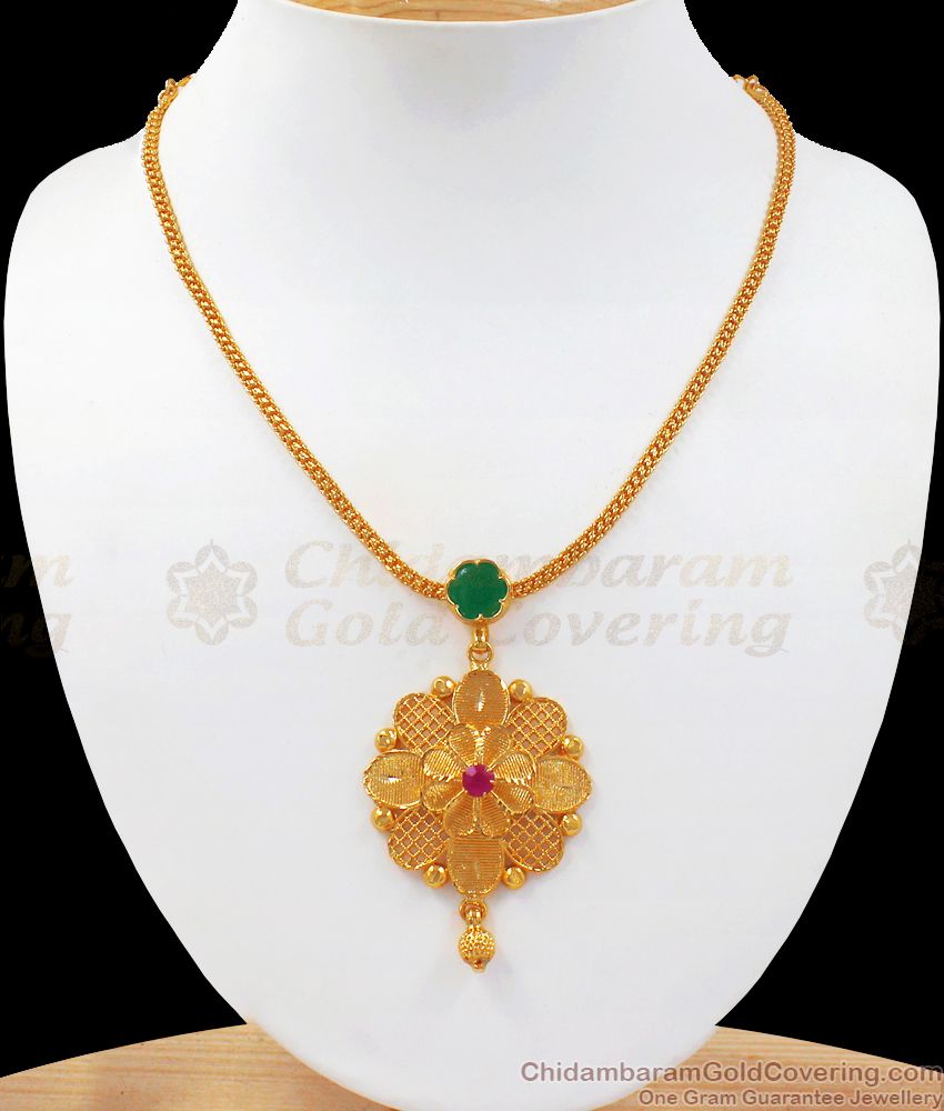 Unique Emerald Stone Flower Pendant Gold Plated Necklace NCKN2487