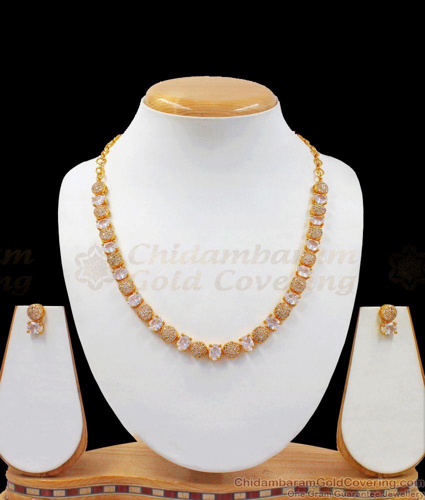 Sparkling Gold Plated Necklace Full White Crystal Stone Earring Combo NCKN2494