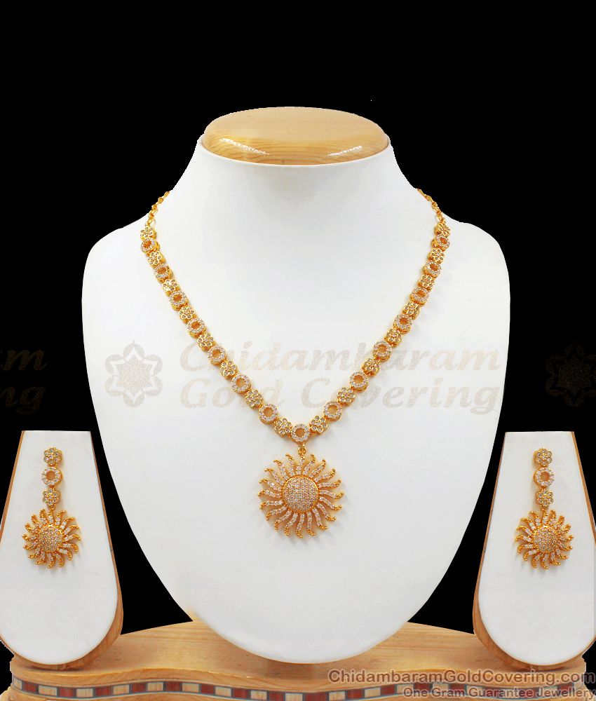 Dazzling One Gram Gold Stone Necklace White Earring Combo Set NCKN2495