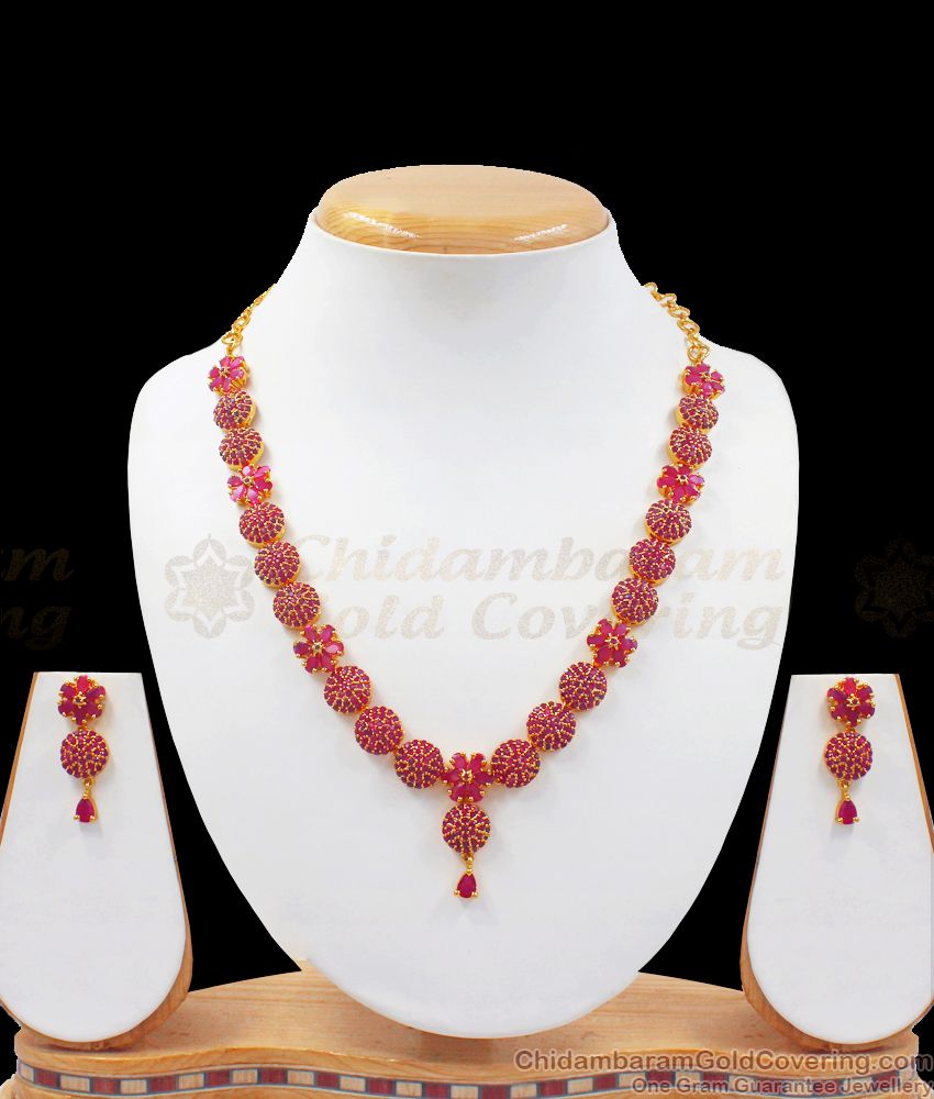 Full CZ Ruby Stone Gold Necklace Earring Combo Set NCKN2498