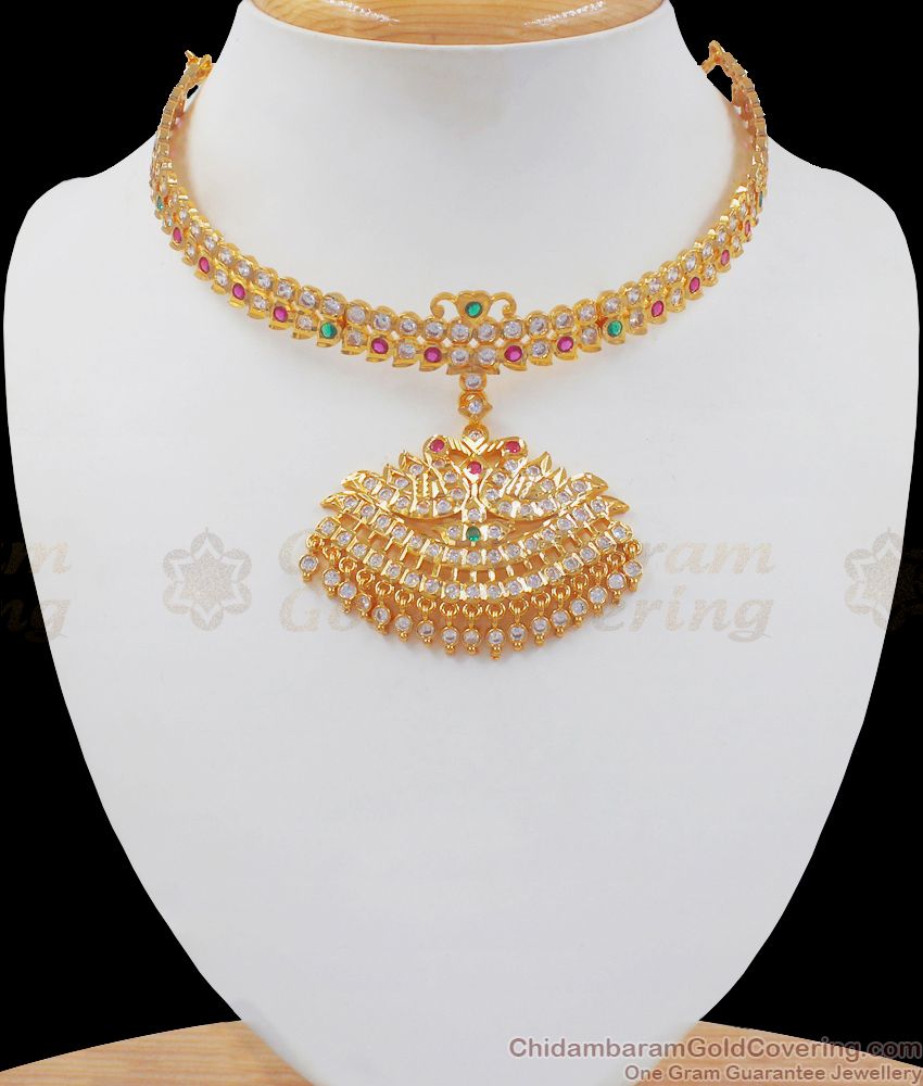 Impon Attigai Choker Swan Necklace Design Multi Stone NCKN2512