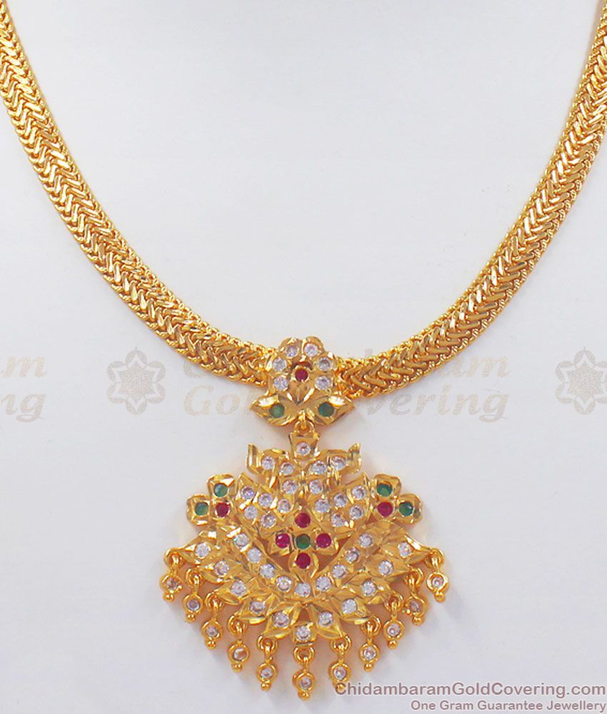 Gold Plated Broad Necklace Impon Attigai Dollar Multi Stone NCKN2513