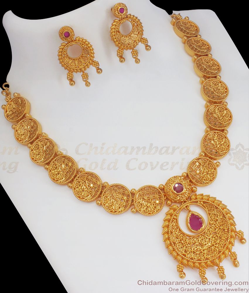 Grand Bridal Gold Plated Necklace Ruby Stone Earring Combo NCKN2517