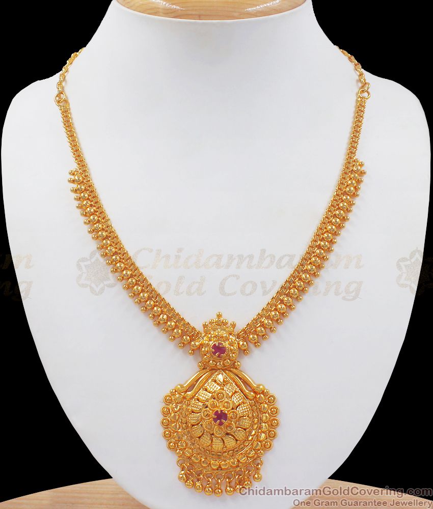 One Gram Gold Beaded Necklace Ruby Stone Design NCKN2522