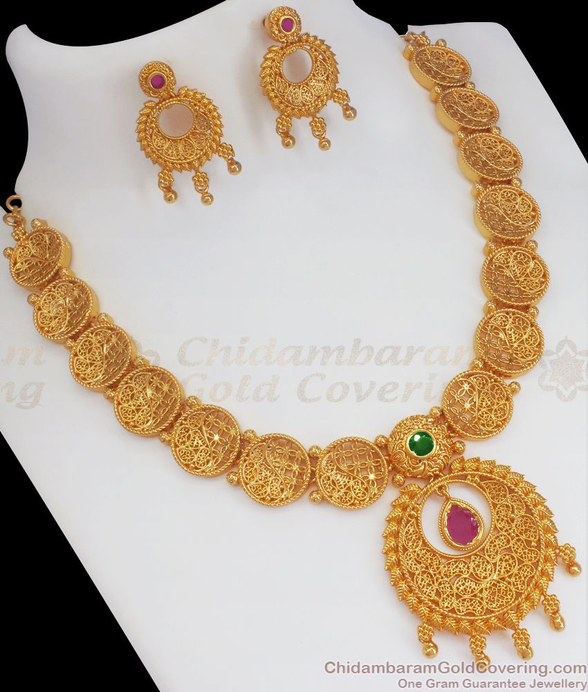 Arabic Design Gold Necklace Ruby Green Stone Earring Combo NCKN2548