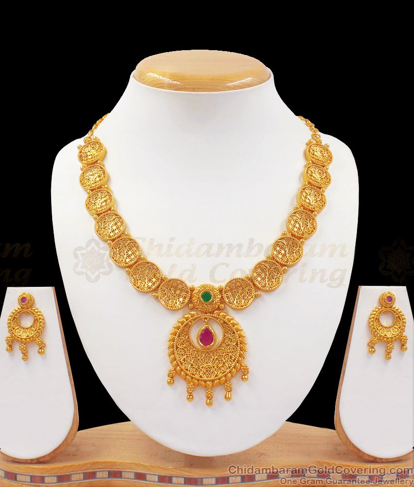 Arabic Design Gold Necklace Ruby Green Stone Earring Combo NCKN2548