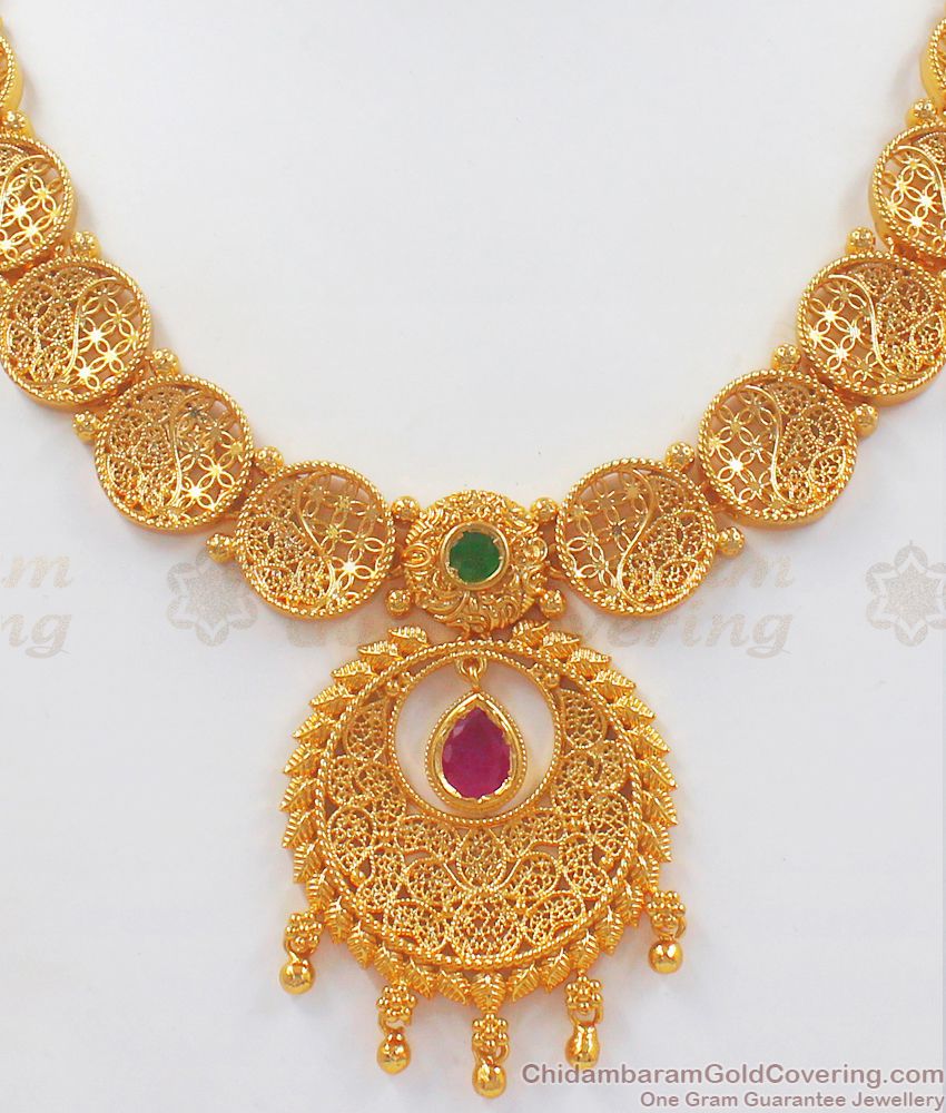 Arabic Design Gold Necklace Ruby Green Stone Earring Combo NCKN2548