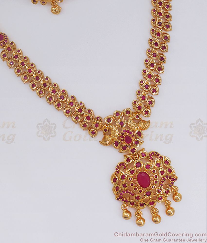 Premium Ruby Stone Gold Plated Necklace Combo Peacock Design NCKN2567