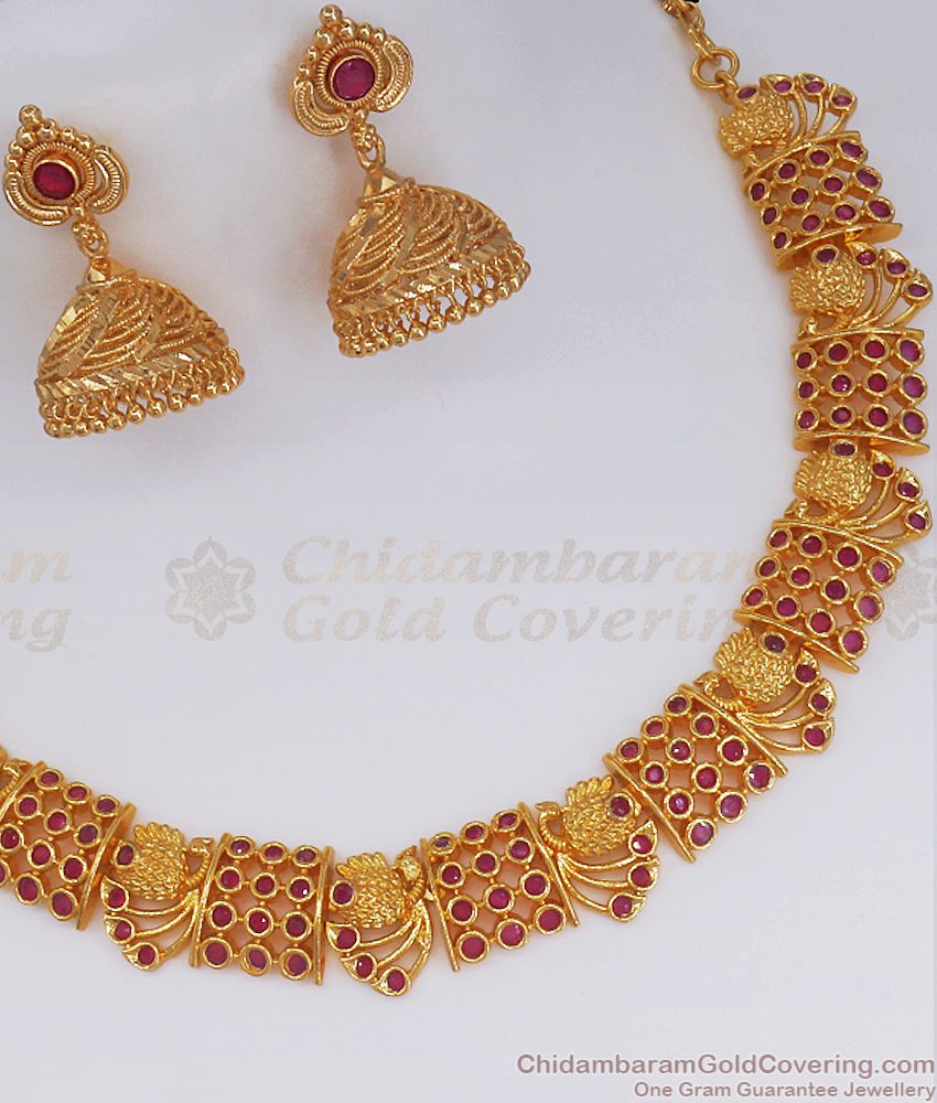 Trendy Ruby Stone Gold Necklace Earring Combo NCKN2569